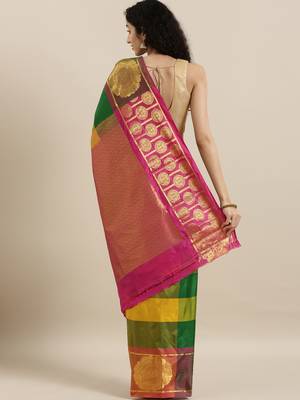 Multicolor hand woven kanchipuram silk saree with blouse 3