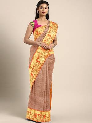 Brown woven pure silk saree with blouse 1