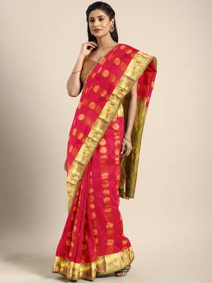 Coral hand woven kanchipuram silk saree with blouse 1
