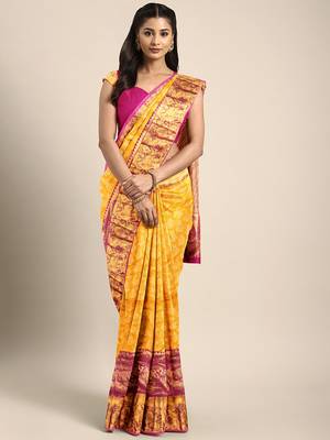 Yellow hand woven kanchipuram silk saree with blouse 1