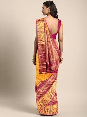 Yellow hand woven kanchipuram silk saree with blouse 2