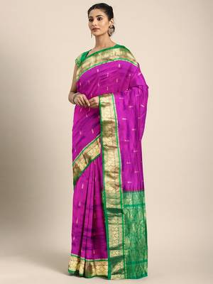 Purple hand woven kanchipuram silk saree with blouse 1