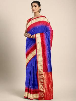 Blue hand woven kanchipuram silk saree with blouse 1