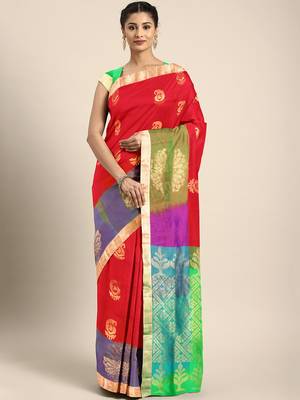Red hand woven kanchipuram silk saree with blouse 1