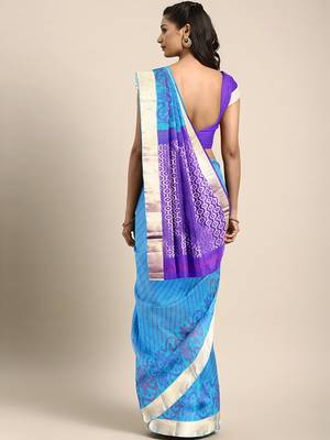 Blue hand woven kanchipuram silk saree with blouse 2
