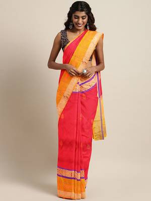 Red hand woven kanchipuram silk saree with blouse 1