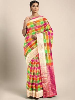 Multicolor hand woven kanchipuram silk saree with blouse 1