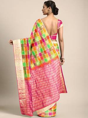 Multicolor hand woven kanchipuram silk saree with blouse 2