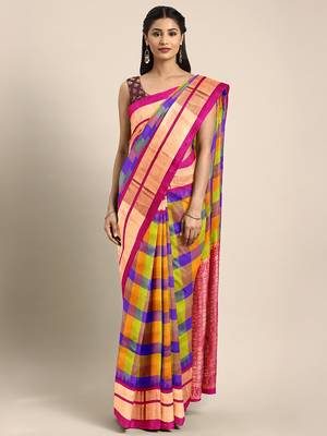 Multicolor hand woven kanchipuram silk saree with blouse 1