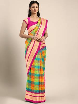 Multicolor hand woven kanchipuram silk saree with blouse 1