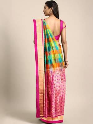 Multicolor hand woven kanchipuram silk saree with blouse 2