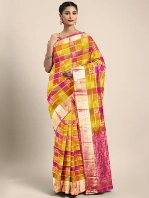Multicolor hand woven kanchipuram silk saree with blouse 1