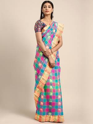 Multicolor hand woven kanchipuram silk saree with blouse 1