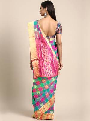 Multicolor hand woven kanchipuram silk saree with blouse 2