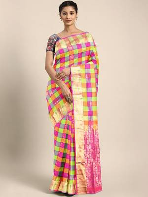 Multicolor hand woven kanchipuram silk saree with blouse 1