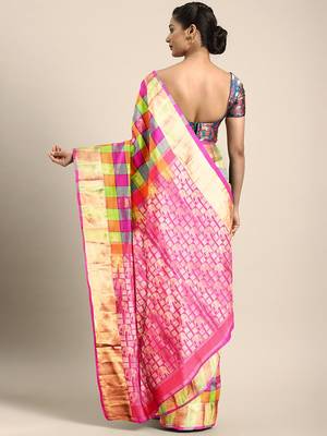 Multicolor hand woven kanchipuram silk saree with blouse 2
