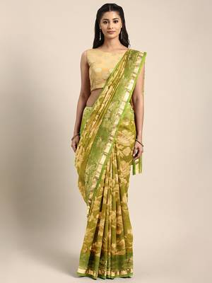 Green hand woven kanchipuram silk saree with blouse 1