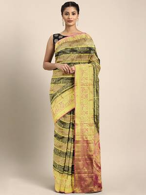 Multicolor hand woven kanchipuram silk saree with blouse 1