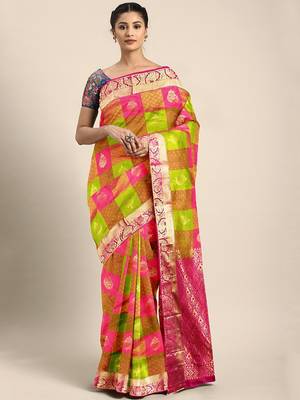Multicolor hand woven kanchipuram silk saree with blouse 1