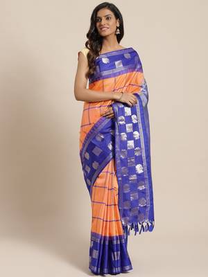 Orange hand woven kanchipuram silk saree with blouse 1