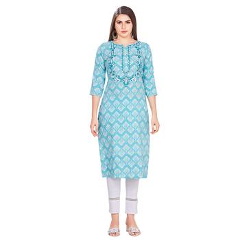Blue embroidered rayon long-kurtis 1