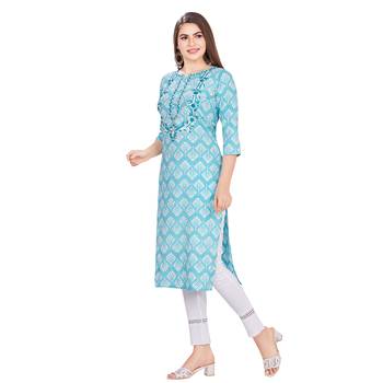 Blue embroidered rayon long-kurtis 3