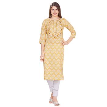 Yellow embroidered rayon long-kurtis 1