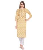 Yellow embroidered rayon long-kurtis
