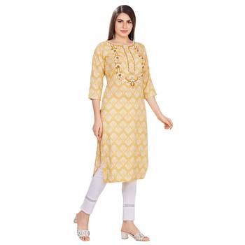 Yellow embroidered rayon long-kurtis 3