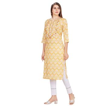 Yellow embroidered rayon long-kurtis 4