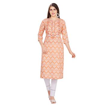 Orange embroidered rayon long-kurtis 1