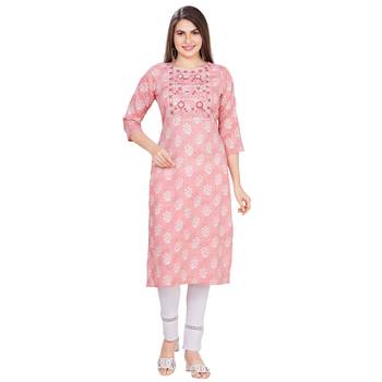 Pink embroidered rayon long-kurtis 1