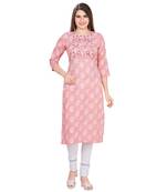 Pink embroidered rayon long-kurtis