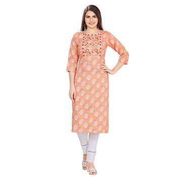 Orange embroidered rayon long-kurtis 1