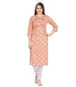 Orange embroidered rayon long-kurtis