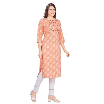 Orange embroidered rayon long-kurtis 4