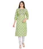 Green embroidered rayon long-kurtis