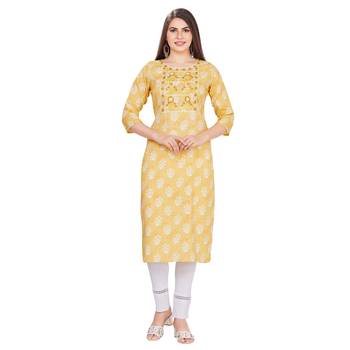 Yellow embroidered rayon long-kurtis 1