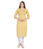 Yellow embroidered rayon long-kurtis