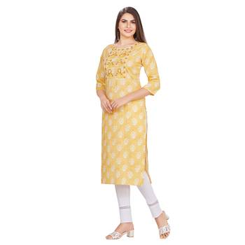 Yellow embroidered rayon long-kurtis 3