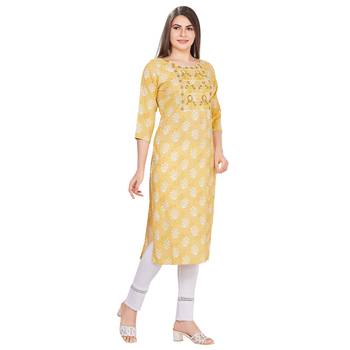Yellow embroidered rayon long-kurtis 4