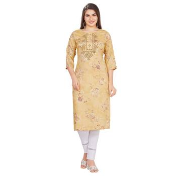 Yellow embroidered rayon long-kurtis 1
