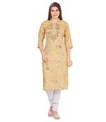 Yellow embroidered rayon long-kurtis
