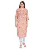 Orange embroidered rayon long-kurtis