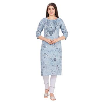 Turquoise embroidered rayon long-kurtis 1