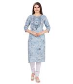 Turquoise embroidered rayon long-kurtis