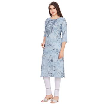 Turquoise embroidered rayon long-kurtis 3