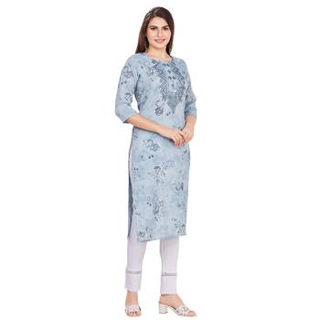 Turquoise embroidered rayon long-kurtis 4