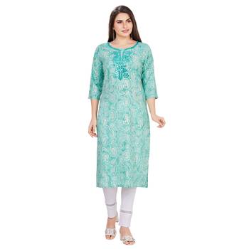 Light-blue embroidered rayon long-kurtis 1
