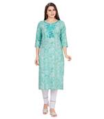 Light-blue embroidered rayon long-kurtis